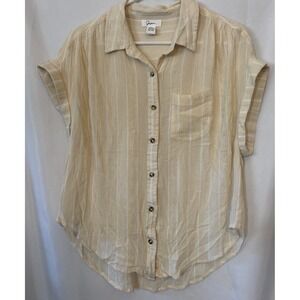 Jopna Beige/White Striped Button Up Blouse Rolled Cap Sleeve Front Pocket L